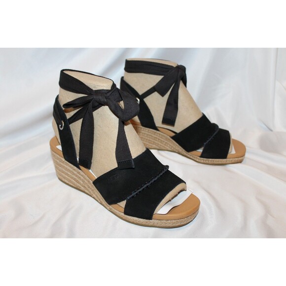 NIB UGG WOMEN'S TAIA ANKLE WRAP WEDGE SUEDE SANDALS BLACK SZ 8 NIB - Picture 1 of 6